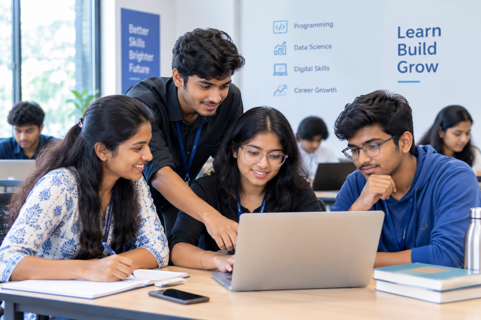 Indian college students collaborating and learning together
