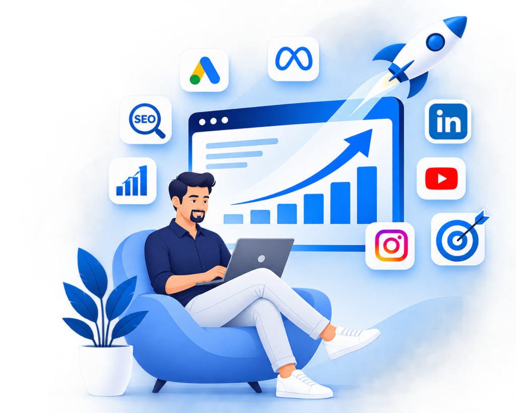 Digital marketing agency illustration showing business growth analytics, SEO, social media marketing, and performance marketing