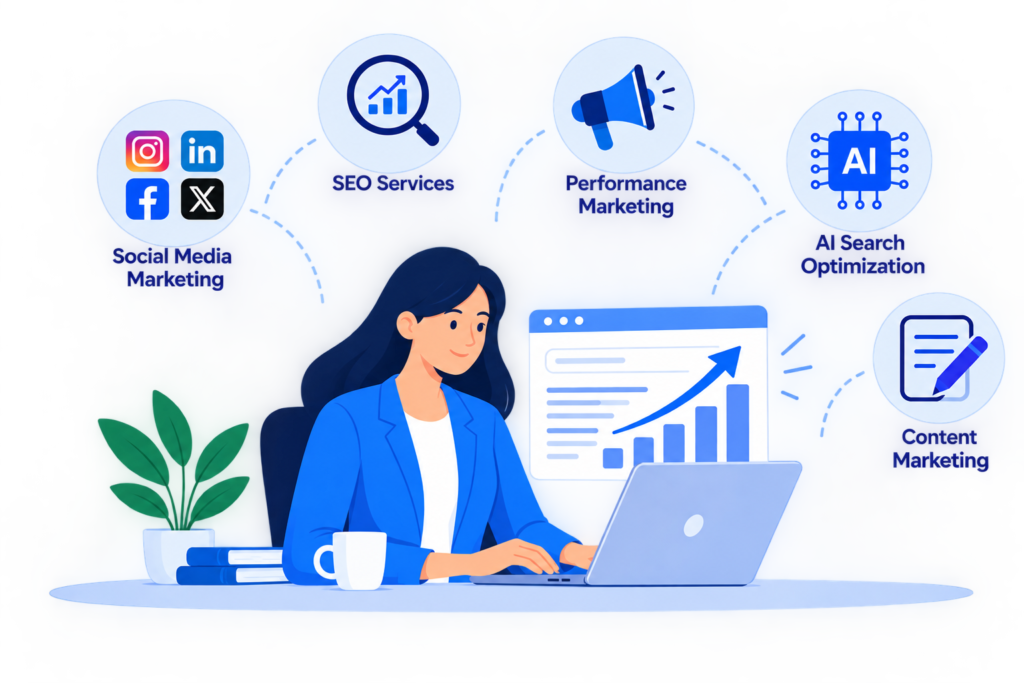 Digital marketing services illustration featuring SEO, social media marketing, performance marketing, AI search optimization, and content marketing.
