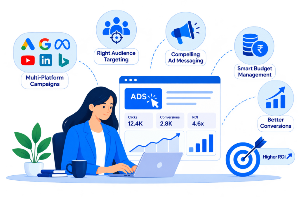 Paid advertising services illustration showing ad campaign management, audience targeting, budget optimization, conversion tracking, and ROI growth.