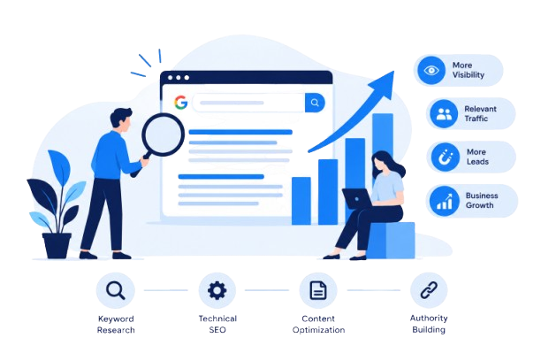 SEO services illustration showing how keyword research, technical SEO, content optimization, and authority building improve search visibility and business growth.