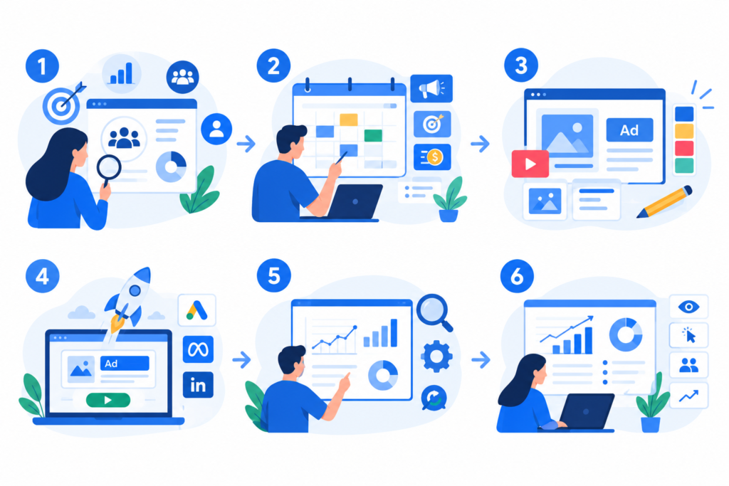 Six-step paid advertising process covering audience research, campaign planning, ad creative development, campaign launch, performance optimization, and reporting.