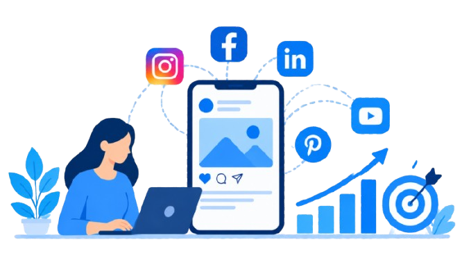 Social media marketing illustration featuring a smartphone, social media icons, and analytics growth chart.