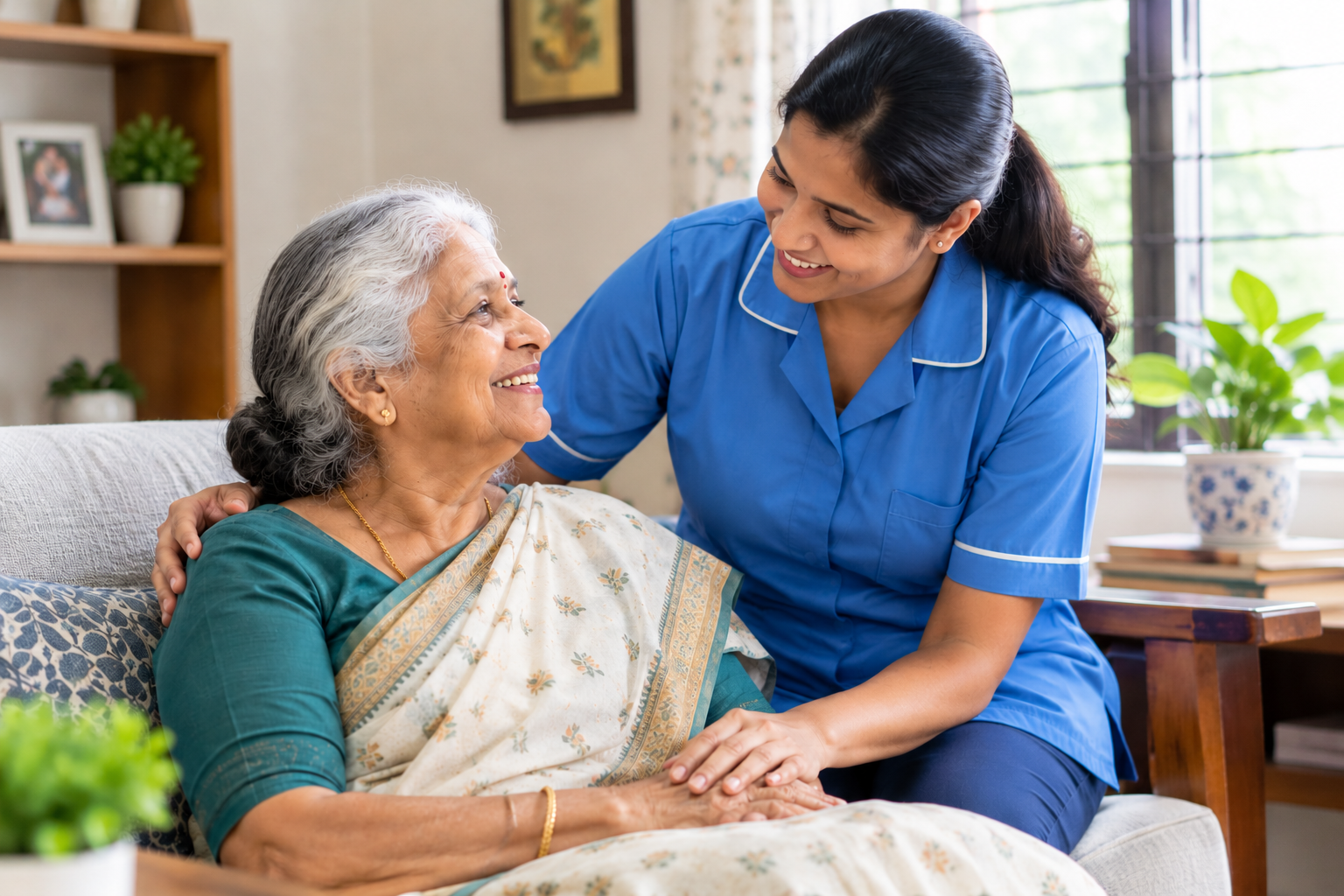 Caregiver supporting an elderly person in a home care setting