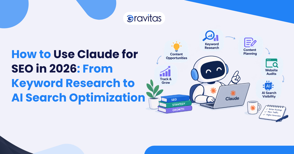 Claude AI for SEO showing keyword research, content planning, website audits, AI search visibility, and content opportunities